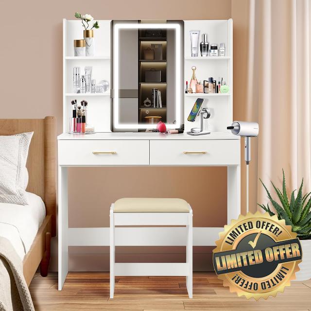 QUALIKRAFT Vanity Set with Mirror and Stool and Lights