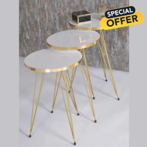 Furpinea Set of 3 Nesting Table Elegant Round Top with Metal Golden Legs
