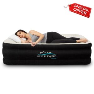 RestElevated Luxury Pillow Top Air Mattress with Built in Pump | 20" Raised Height with Coil Beam Support | Queen Size Adjustable Blow Up Air Bed | for Home