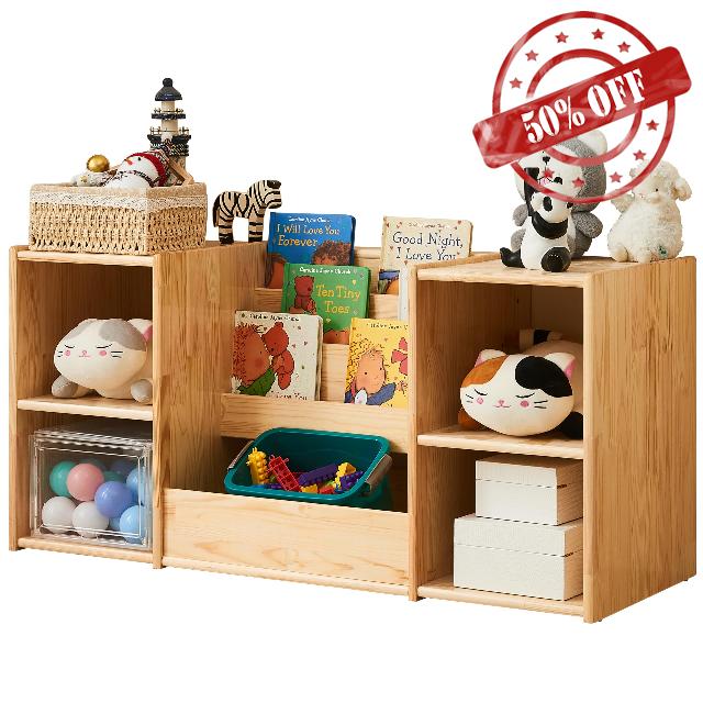F3C | Montessori Bookshelf and Toy Storage | 3-Section Kids Bookshelf for Organizing Books | 2-Shelf Toy Organizers and Storage Cabinet | Natural Wood Bookcase with Storage | Kids Organizer