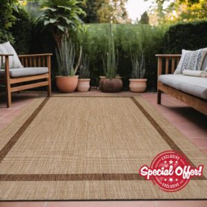 Luul Home Bordered Outdoor Rug 8x10 Washable Outside Carpet for Indoor Patio Porch Waterproof Easy Cleaning Non Shedding Area Rugs Jute Beige - Nut Brown 8 x 10