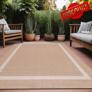 Bordered Outdoor Rug 6x9 Washable Outside Carpet for Indoor Patio Porch Waterproof Easy Cleaning Non Shedding Area Rugs Beige 6 x 9