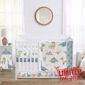 Sweet Jojo Designs Watercolor Dinosaur Dino Boy Baby Crib Bedding Set Infant Nursery Room BreathableBaby Breathable Mesh Crib Liner 6p Green Blue White Modern Dinosaurs Jurassic Animal Track Footprint