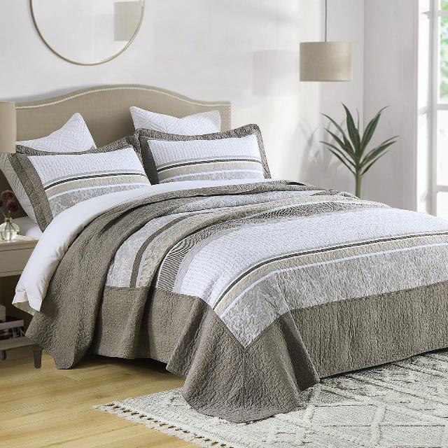 3 Piece Queen Bedspread(102"x120") - 100% Cotton Oversized Quilt with 2 Pillow Shams Farmhouse Stripe Bedspreads Coverlet Sets Queen Size Lightweight Bedding Set Brown Gray Beige Queen