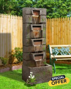 41.1" Water Fountain Outdoor Floor-Standing Garden Fountain Modern Waterfall Fountain with LED Lights 4 Tier Rock Fountain for Porch