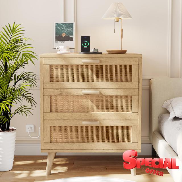 Rovaurx Rattan Nightstand with Charging Station