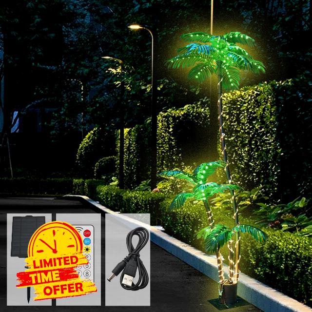 7Ft Solar Artificial Palm Tree 3Trks 23Lves 260 LED Lights Fake Plant Faux Palm Tree for Patio Pool Home Office Yard Cruise Tiki Bar Party Decor 8Mode Remote Control