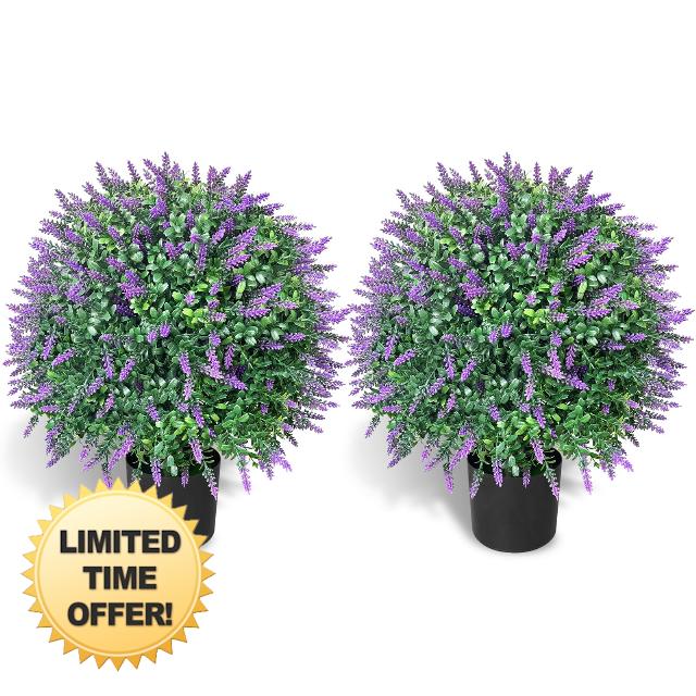 Tall Artificial Lavender/Rose Topiary Ball Tree Set of 2 Pack Potted Bushes UV Resistant Potted Plants for Indoor Outdoor Home Garden (Lavender)