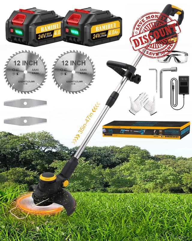 12Inch Brushless Cordless Weed Wacker Electric Weed Eater Battery Powered with 2 24v 4.0Ah Batteries and Charger