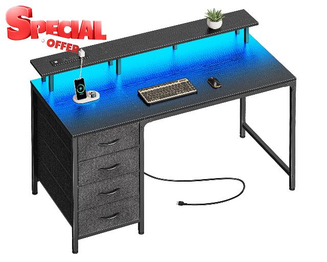 Huuger 47 Inch Computer Desk with Power Outlets and LED Lights