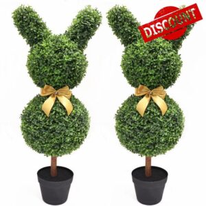 36'' Artificial Bunny-Shaped Topiary Tree UV-Resistant Bowknot Faux Boxwood Topiaries Plant for Porch Decor Outdoor/Indoor 2 Pack