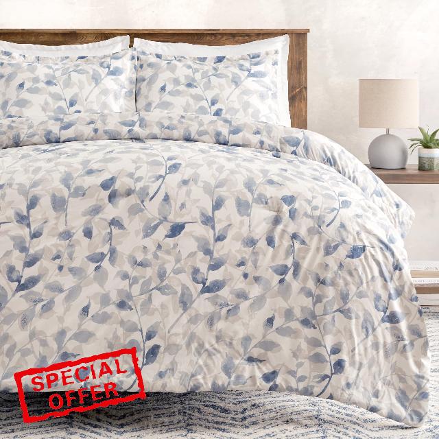 Chanasya Premium Layered Leaf King Comforter Set - Soft Blue Botanical Leaf Reversible Comforter Bedding Set- 3-Pieces - 1 Comforter and 2 Pillow Shams
