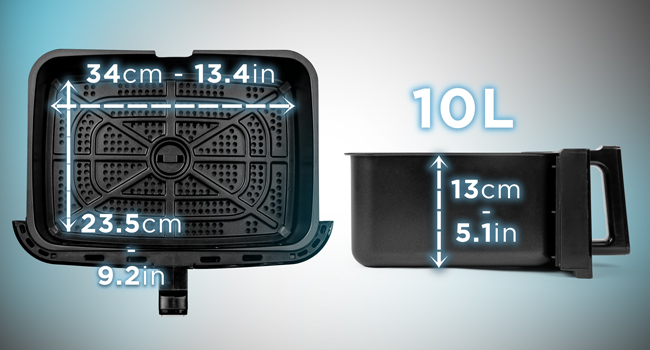 dimensions image showing the size and shape of the air fryer, the drawer and inner tray