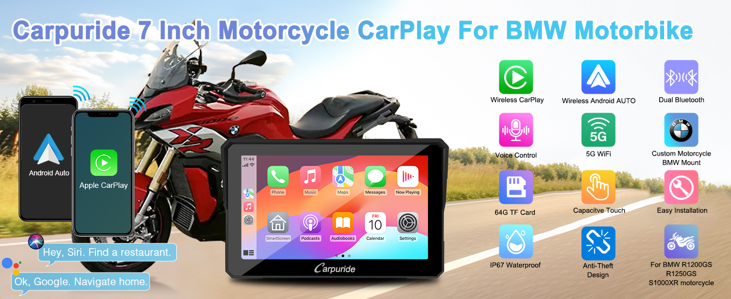7 inch Portable Wireless CarPlay/Android Auto Motorcycle Car Stereo