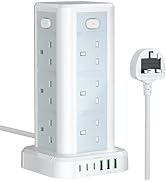 Tower Extension Lead with USB C Slots, 12 Way Multi Plug Socket Extension with 6 USB Ports, Overl...