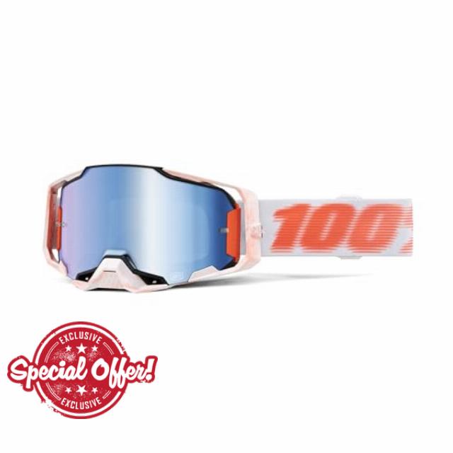 100% Armega MX Offroad Goggles Tubular w/Mirror Blue Lens