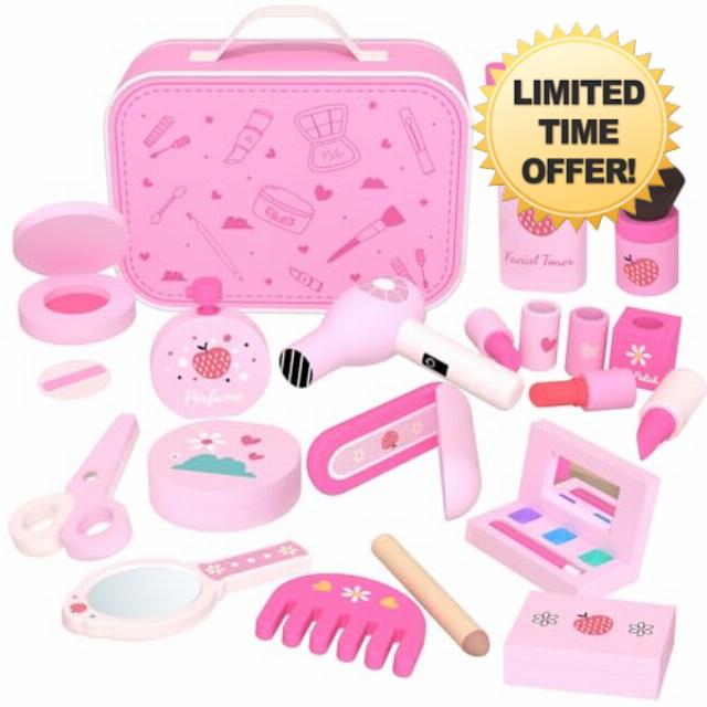 GAGAKU Wooden Makeup Set Kids Pretend Makeup Sets Wooden Toy Kit Montessori Fake Makeup Play Dress Up Kit with Hair Dryer Mirror for Toddler Children Little Girls Perfume Gifts Ages 3 +