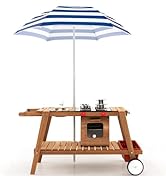 GYMAX Kids Mud Kitchen, Outdoor Wooden Toy Kitchen with Removable Umbrella, Wheels, Stove, Sink, ...