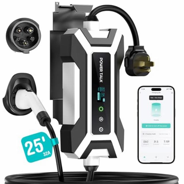 Electric Vehicle Charger Level 2 J1772 Portable EV Charger 32A 16A 120V 240V ETL NEMA14-50 Fast EV Car Charging Station with Wi-Fi 25ft Cable Holder