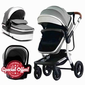 MISKYN Baby Stroller Newborn ​Carriage with Stroller Travel System with Car Seat and Base Footmuff Baby Strollers for Girls 3 in 1 Foldable Baby Stroller (Color : Gray)