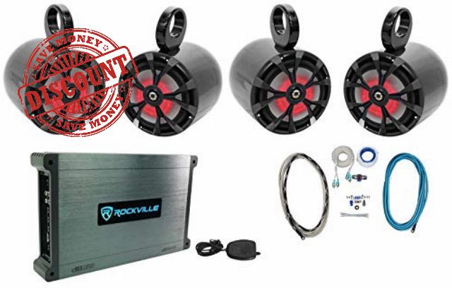 Rockville Bundle: (4) RKL80MB 2-Way Marine Boat Speakers w/LED's Bundle with (4) MAC80B Wakeboard Tower Speaker