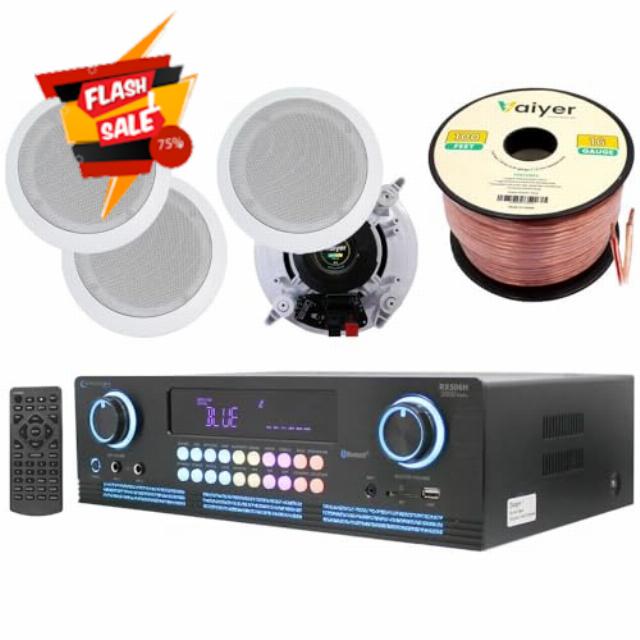 Home Theater System Kit 2000 Watts Bluetooth Amplifier with 4 Qty 5.25" 175 Watts in-Wall in-Ceiling Speakers & 16 Gauge 100 ft. Speaker Wire by Technical Pro