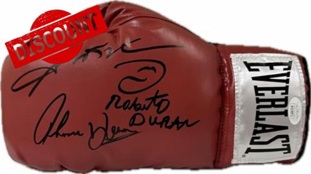 Sugar Ray Leonard Roberto Duran Thomas Hearns Signed Red Left Boxing Glove JSA - Autographed Boxing Gloves