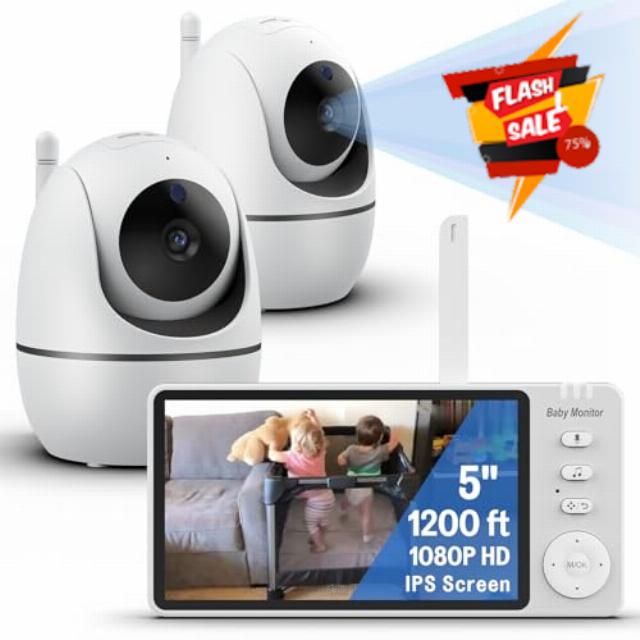 Baby Monitor with Camera and Audio - 1080P HD 5'' 1200ft Extra Long Range Baby Monitor with 2 cameras