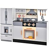 GYMAX Kids Play Kitchen, 2 in 1 Wooden Kitchen Playset with Adjustable Canopy, BBQ Grill, Oven, S...
