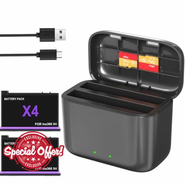Prodrocam Battery Chargers with 2 Batteries for Insta360 X4 Action Camera Dual Ports Quick Charging Hub Charging Hub Supports 2 Batteries (Chargers + 2 Batteries)