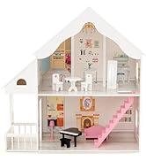 GYMAX Kids Dollhouse, 3-Storey Wooden Dolls House with 5 Simulated Rooms & Furniture Accessories,...