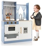 GYMAX Kids Play Kitchen, Wooden Kitchen Playset with Adjustable LED Lights, Ice Maker, Telephone,...