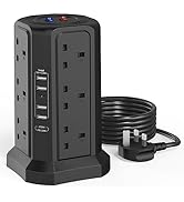 Tower Extension Lead with USB Slots and Night Light, (13A 3250W)5 USB Ports & 8 Way Socket Extens...
