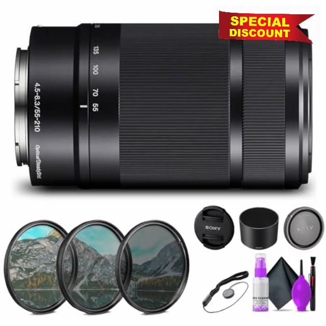 Sony E 55-210mm f/4.5-6.3 OSS Lens (Black) (SEL55210/B) + 3 Piece Filter Kit + Lens Cap Keeper + Cleaning Kit - Bundle