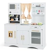 GYMAX Kids Play Kitchen, Wooden Toy Kitchen with Stoves, Sink, Lights, Sounds, Water Dispenser, O...