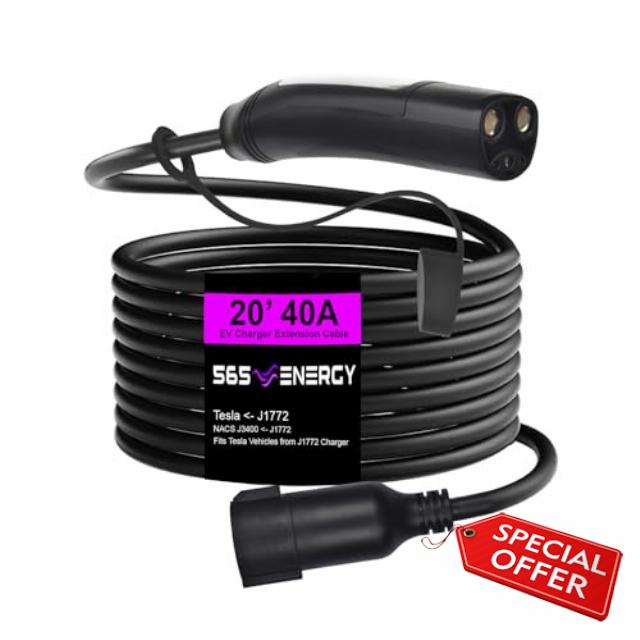 Tesla EV Charger Extension Cable Tesla Model 3/X/Y/S 20’ 40A; Premium Quality 99.9% Copper 40A J1772 to Tesla Charging Extension including Direct Fit Tesla (NACS J3400) Nozzle (Tesla-J1772)