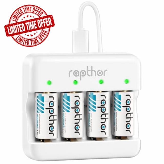 Rapthor 900mAh Rechargeable 123A / 123 Lithium Batteries Compatible with Arlo Cameras VMC3030 VMK3200 VMS3130 3230C Flashlights Alarm System Smoke Detector Smart Sensor (4 Batteries+1 Fast Charger)