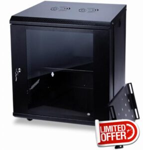 12U Server Rack Cabinet for 19" Network Equipment with Locking Glass Door and Universal Wheels Network Cabinet 2 Cooling Fan Mounting Holes on Top Black Network Cabinet