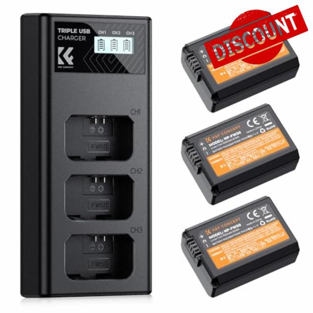 K&F Concept 3-Pack NP-FW50 Battery and Triple Slot Charger Set