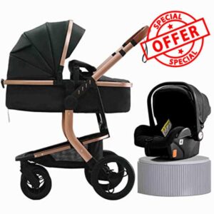 PU Leather 3 in 1 Baby Travel System Baby Pram with Base Baby Strollers Set 3 in 1 Foldable Travel System Doll Stroller Pram Shock Absorption Springs Pram with Footmuff (Color : Black)