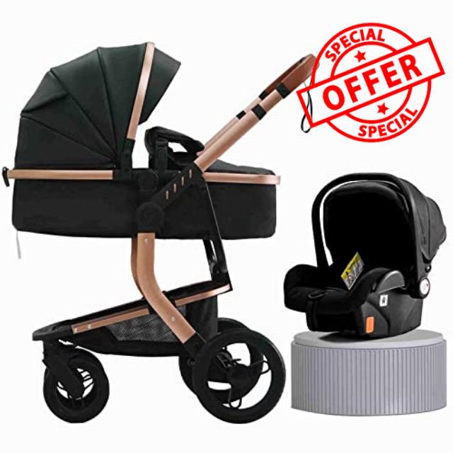 PU Leather 3 in 1 Baby Travel System Baby Pram with Base Baby Strollers Set 3 in 1 Foldable Travel System Doll Stroller Pram Shock Absorption Springs Pram with Footmuff (Color : Black)
