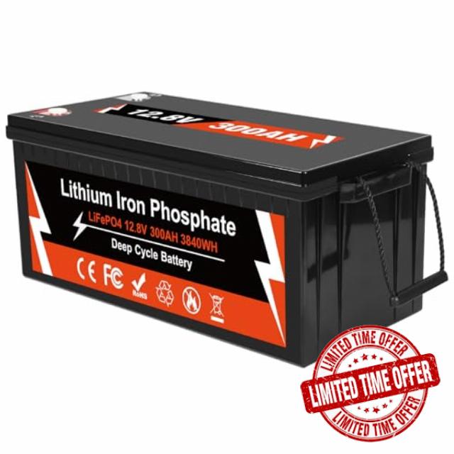 12V 300Ah LiFePO4 Battery-Built-in 200A BMS Rechargeable10000+ Deep Cycle Lithium Battery for Solar