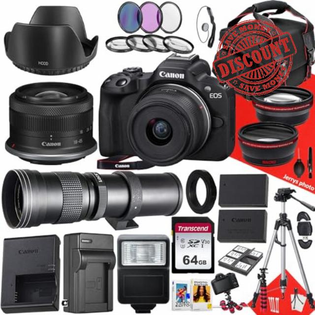 Canon EOS R50 Mirrorless Camera with RF-S 18-45mm f/4.5-6.3 is STM and 420-800mm f/8.3 HD Telephoto Zoom Lens + 64 GB Memory + Filters + Tripod + More (30pc Bundle)