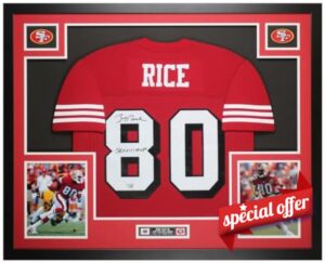 Jerry Rice Autographed Red San Francisco Jersey - Beautifully Matted and Framed - Hand Signed By Montana and Certified Authentic by Fanatics - Includes Certificate of Authenticity