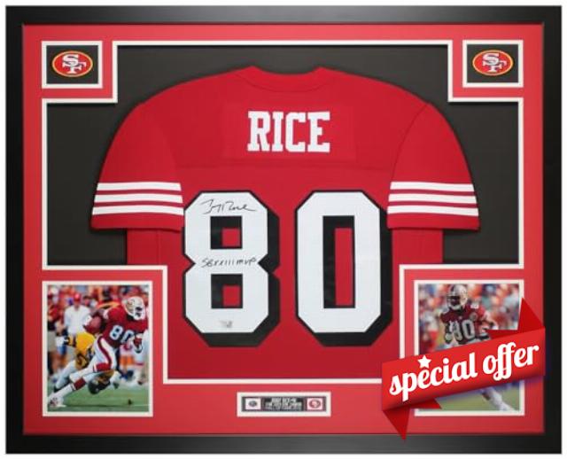 Jerry Rice Autographed Red San Francisco Jersey - Beautifully Matted and Framed - Hand Signed By Montana and Certified Authentic by Fanatics - Includes Certificate of Authenticity