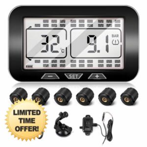 Tire Pressure Monitoring System Trailer TPMS with 6 Sensors Real-time Monitoring Pressure and Temperature with Solar Charger 0-218psi for RV Travel Trailer Coach Heavy Truck