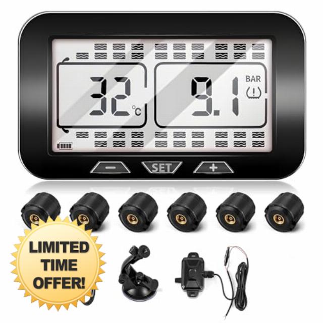 Tire Pressure Monitoring System Trailer TPMS with 6 Sensors Real-time Monitoring Pressure and Temperature with Solar Charger 0-218psi for RV Travel Trailer Coach Heavy Truck