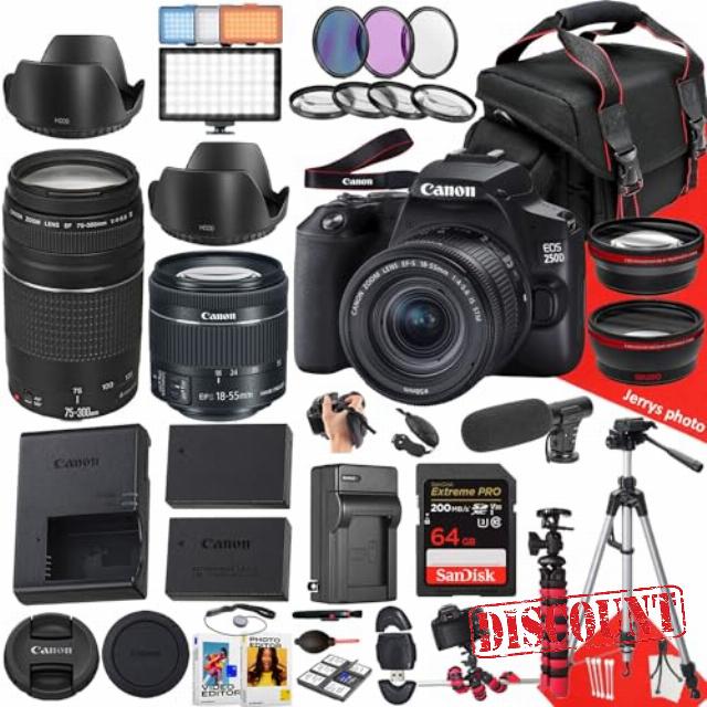 Canon EOS 250D / Rebel SL3 DSLR Camera with EF-S 18-55mm f/4-5.6 is STM and EF 75-300mm f/4-5.6 III Lens + 64 GB Memory + Extra Battery + Battery Charger + Microphone + LED Light + More (40pc Bundle)