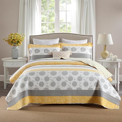 Yellow Gray White All Cotton Quilted Bedspread