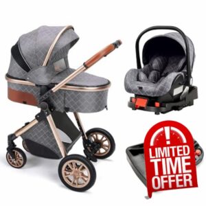 3-in-1 Convertible Baby Stroller with Bassinet Mode - Foldable Infant Stroller - Toddler Stroller with Reversible Stroller Seat Adjustable Bassinet (Gray with Base